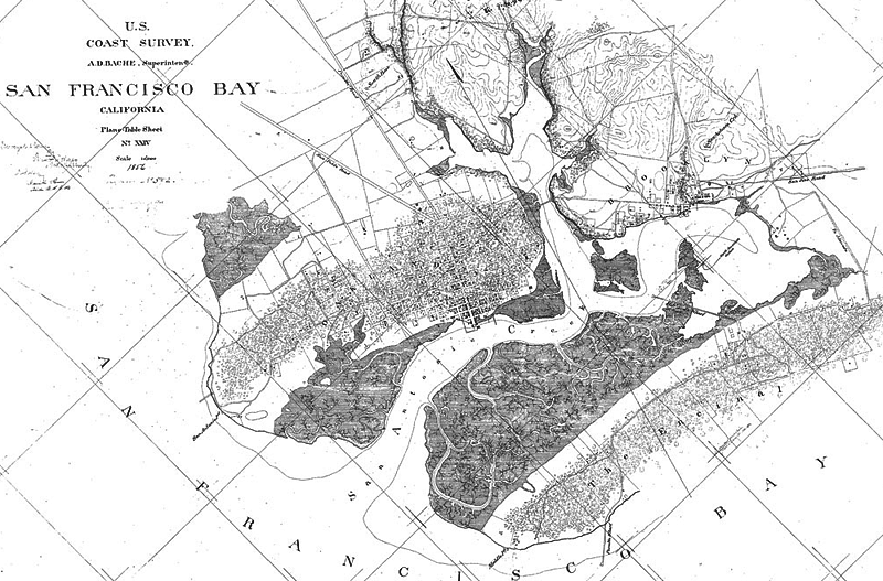 This 1856 U.S. Coast Guard survey map shows the landforms and estuary, then known as San Antonio Creek.  Note the extensive marshlands and the land connection of Alameda ("The Encinal") to the Brooklyn mainland.  That connection was severed by the construction of the tidal canal in the 1890s.