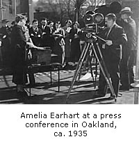 Amelia Earhart at a press conference in Oakland, ca. 1935